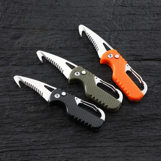 Portable Folding Knife with Keychain - Serrated Hook Knife for Outdoor Camping Survival and Carry-on Tool Box Opener