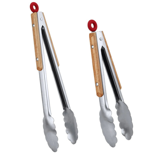 Stainless Steel Kitchen Tongs Set - 9" and 12" Locking Food Tongs with Wooden Grips, BBQ and Pan Tongs