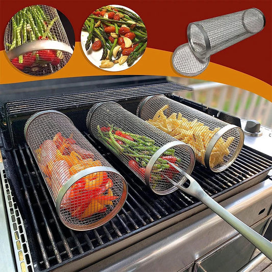 New Rolling Grilling BBQ Basket Stainless Steel Leakproof Mesh Barbecue Rack Outdoor Picnic Camping Simple Cylindrical BBQ Grill